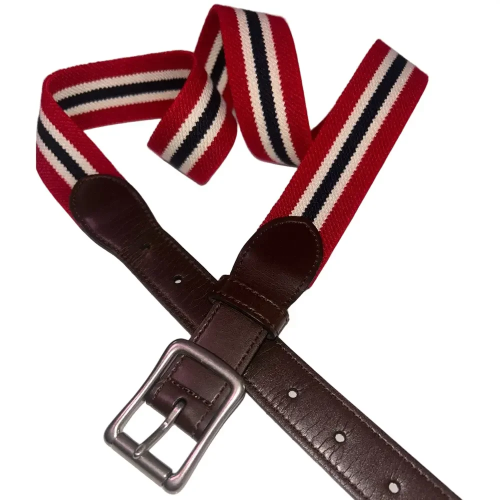 Genuine Leather Belt Silver Buckle Canvas Red White Blue Stretch Unisex Large